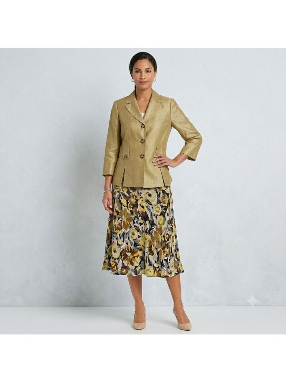 Dana Kay Gold Jacket with Floral Multi-Color Skirt Set